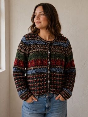 Appleseed's Fair Isle Chenille Knit Cardigan Cottagecore Grandpa Cozy Nordic L